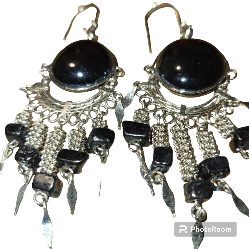 Peruvian Alpaca silver with black stone Chandelier dangle earrings - Picture 3 of 3